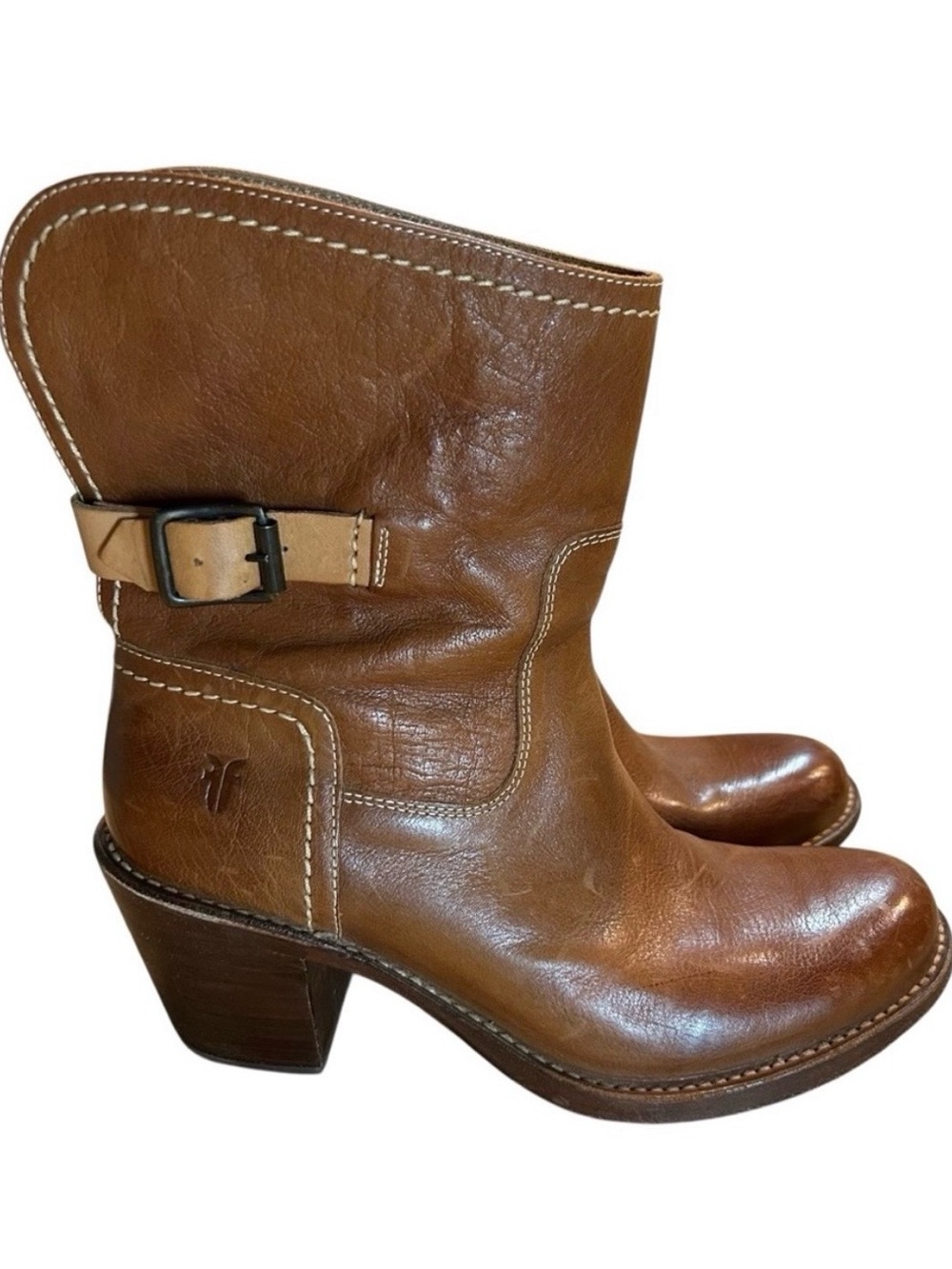 Frye Women’s Brown Leather Engineer Moto Boots Buckle Stacked Heel Size 8
 1/2